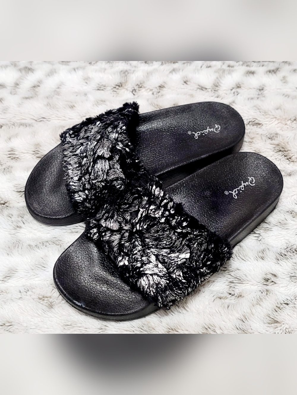 Qupid Black & Silver Faux Fur Slide Sandals